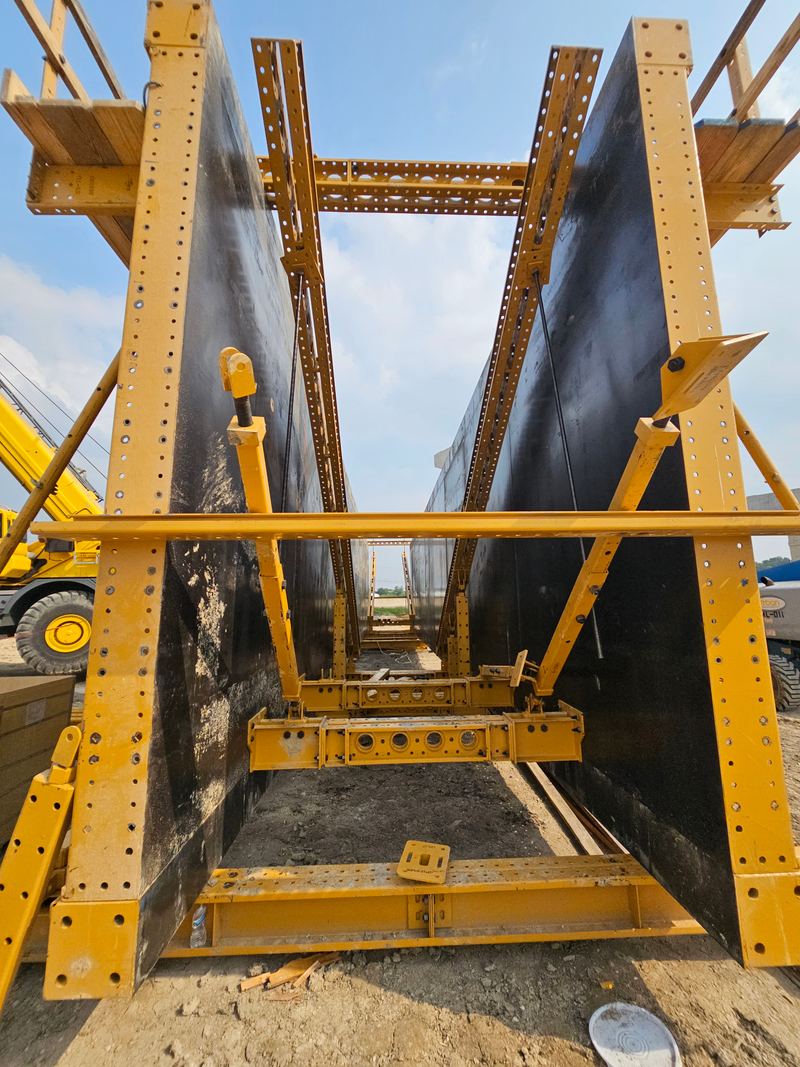 Looking up through bridge girder formwork shoring